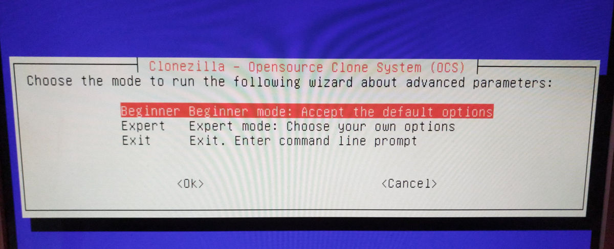 clonezilla backup select experience-mode