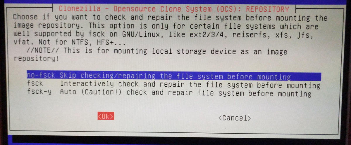 clonezilla restore select check-repair