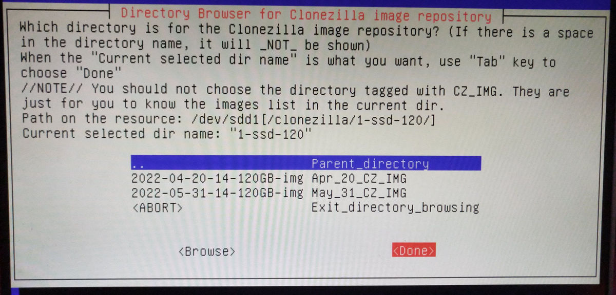 clonezilla restore select restore-image-folder