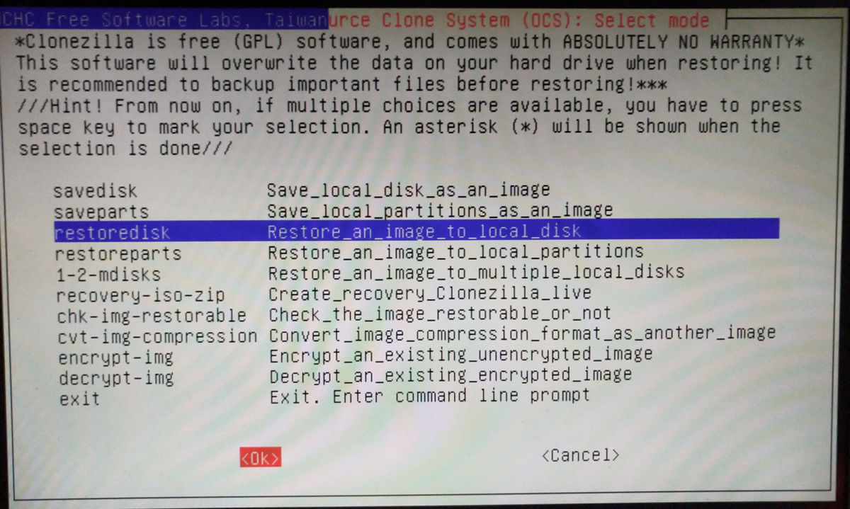 clonezilla restore select action-restoredisk