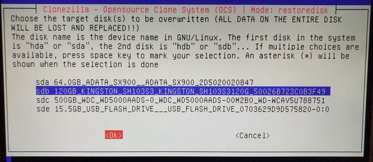 clonezilla restore select restore-to-device